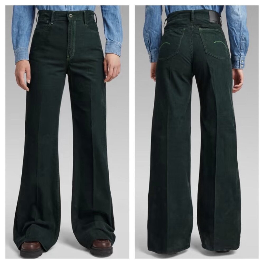 G Star Raw DECK Green Corduroy Ultra High Wide Leg Sz 29x32 Actual 31x34 Pants
